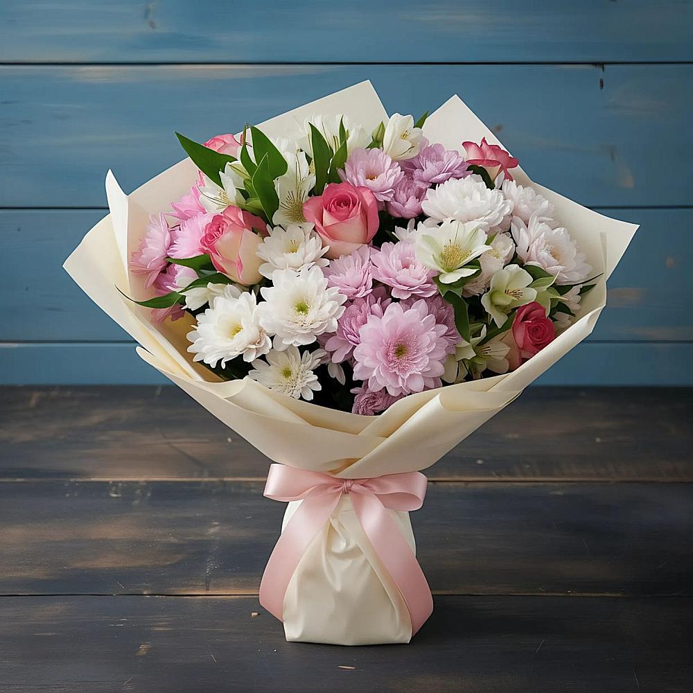 Букет цветов из: Хризантемы, Альстромерии и Розы в Пиндушах